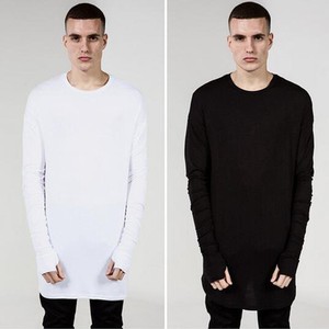 Men-039-sT-shirt-Solid-Curve-Bottom-Round-Neck-Top-Long-Sleeve-Hip-Hop-Glove-Cotton