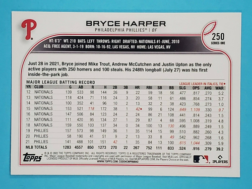2022 Topps Series One Bryce Harper Philadelphia Phillies #250 - Picture 2 of 2