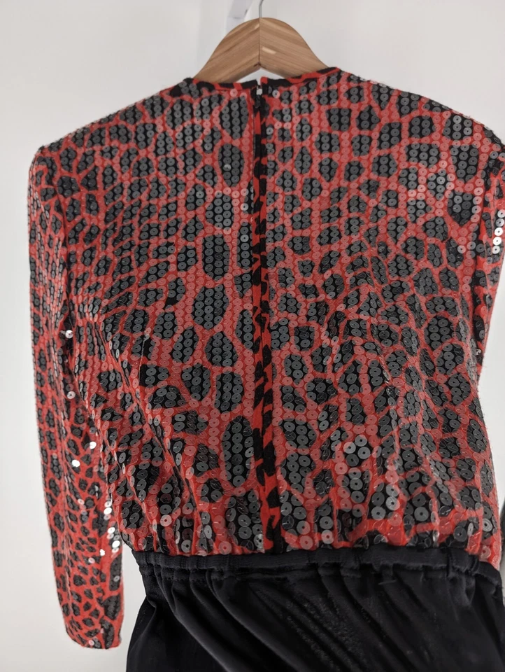 Vintage 80s Sequin Red Leopard Print Catsuit One-piece Knit Sweater Shirt USA - Image 4 of 4