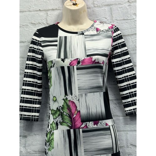 Top Shop Bodycon Dress Size 6 Black White Pink Floral Check Stretchy 3/4 Sleeve - Picture 2 of 9