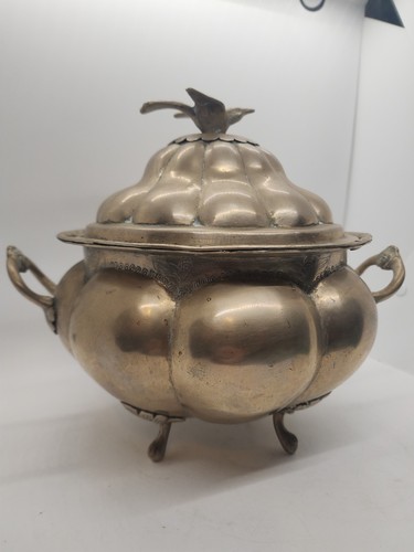 Vtg Metal Footed Tureen Bird On Lid Ordinate Details - Picture 3 of 13