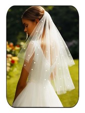 Pearl Bride Wedding Veil White Short Elbow Length 2 Tiers Bridal Tulle Comb
