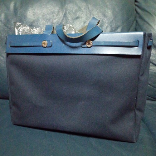 HERMES Herbag Cabas MM Canvas Leder Beuteltasche Tasche Navy Blau Authentic Handtasche 2002 - Bild 1 von 24