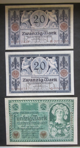 Reichsbanknoten 1x Fünfzig Mark 1920 + 2x 20 Mark 1915,  Erhaltung I (4385) - Picture 1 of 2