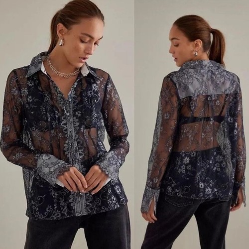 NWT Anthropologie Maeve Metallic Black Silver Floral Lace Sheer Blosue L/S XS - Picture 2 of 11