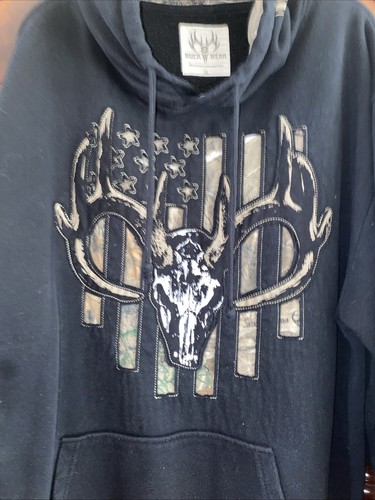Buck Wear Men’s Sz XL Black Hoodie Fleece Graphic Camo Deer Skall Flag Outdoor - Picture 2 of 7