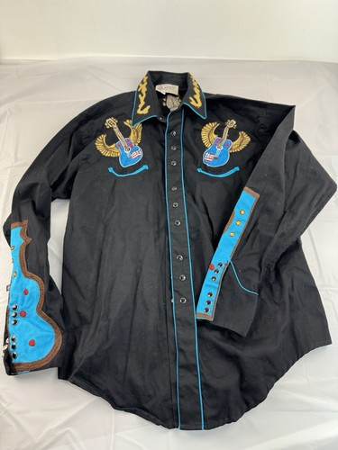 Rockmount Ranch Wear Guitar USA Flag Pearl Snap Long Sleeves Shirt Sz Large