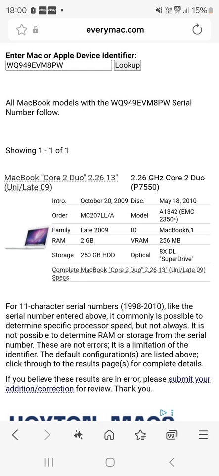 Macbook A1342 EMC 2350, Core Duo, 13.3", 250Gb HDD,2Gb RAM,USER PASSWORD LOCKED - Image 3 of 4