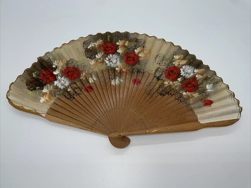 Handheld Fan Folding Vintage Wood Hand Painted Floral Rose White Yellow Red - Picture 1 of 11