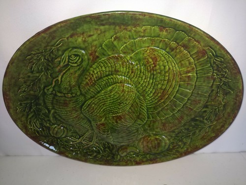 Vintage Turkey Serving Platter W.J.C.C Trabzon October 1968 Brown and Green - Afbeelding 1 van 11