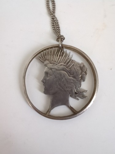 Vintage Silber Peace Dollar Cutout Liberty Anhänger, 24 Zoll Sterling Kette 925 - Bild 5 von 14