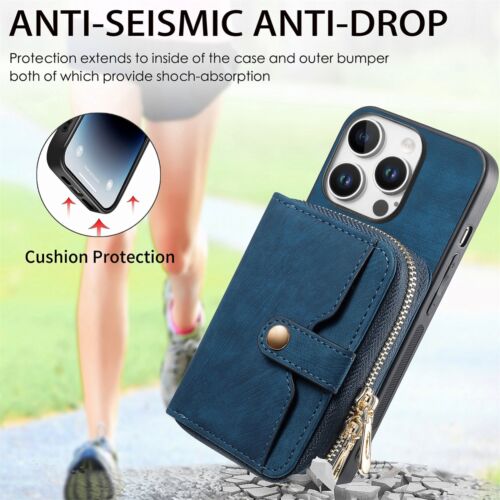 For iPhone 16 Pro Max 15 Plus 11 7 Zipper Wallet Phone Case With Crossbody Strap - Picture 47 of 83