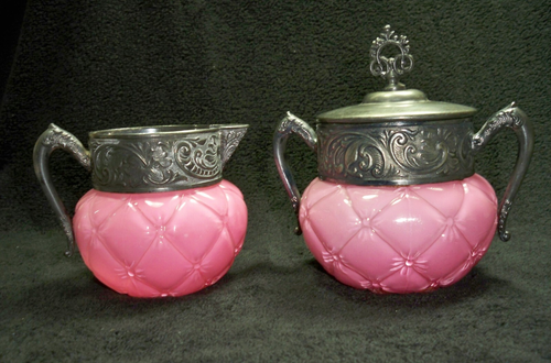 Consolidated Cased Glass Pink Florette Creamer & Covered Sugar Set 1890s Antique - Picture 2 of 22