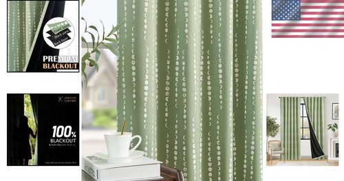 Elegant 84" Sage Green Moon Phases Blackout Curtains - 2 Panels Included - Picture 2 of 12