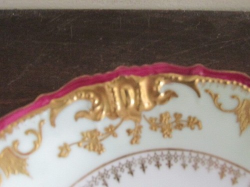 Limoges Lewis Strauss LS&S France Dessert Plate Red Light Green Gold 7" - Picture 3 of 7