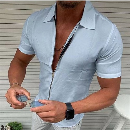 Casual Collared Zip Sleeve T Shirts Blouse Short Fashion Breathable Tee Men Tops - Bild 3 von 22