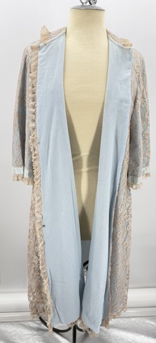 Vintage ODETTE BARSA Lingerie Long Robe Beige Lace Over Blue Brushed Cotton - Picture 9 of 19