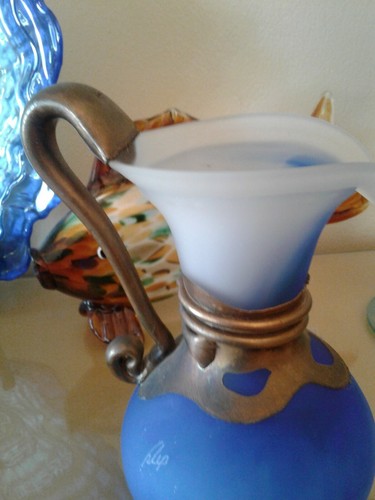 Blue And White Satin Glass Pitcher With Copper Handle And Collar ~ Signed - Picture 4 of 9
