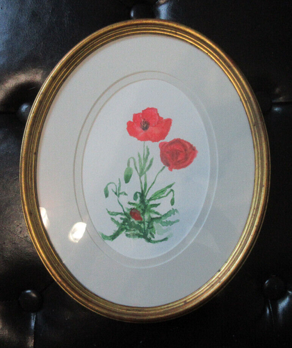 Poppy flower original hand painted PAINTING watercolor oval frame glass matted
