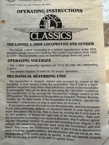 LIONEL CLASSICS STANDARD GAUGE 1- 390E LOCOMOTIVE & WHISTLING TENDER NEW READ - Picture 7 of 12