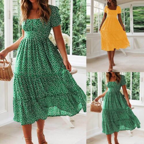 Abito donna floreale boho vacanza spiaggia midi donna estivo swing caftano prendisole - Foto 2 di 14