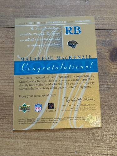 Upper Deck NFL SP Future Edition 2003 Signature Malaefou Mackenzie Carta Firmata - Foto 4 di 7