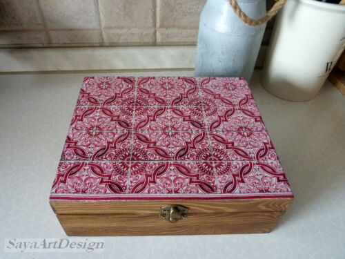 Caja de té de azulejos españoles rojos carmín de madera. Caja de almacenamiento para bolsa de té. Regalo para ella. - Imagen 4 de 9