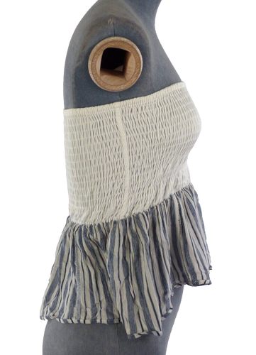 Pull Bear Top Bandeau White Blouse Ruffle Striped Contrast Trim Shirred Peplum S - Picture 5 of 9