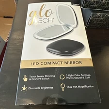 GLO TECH LED COMPACT Magnifying Small Mirror 1X & 10X Travel 4”, Black Complete