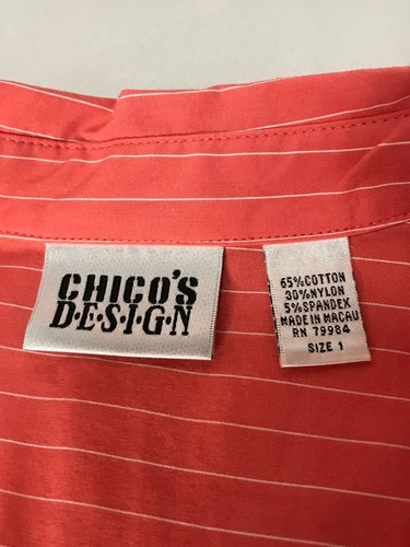 Chicos Design Coral Top white stripe Blouse Size 1 Med Button up Pocket stretch - Picture 7 of 7