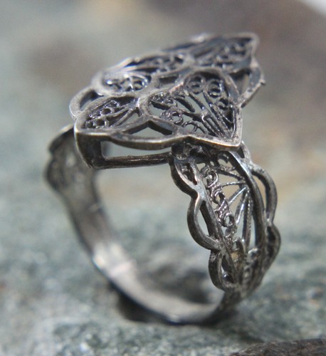 Vintage floral filigran Cocktail Ring Größe 8 Sterlingsilber offene Schnörkelarbeit - Bild 3 von 9