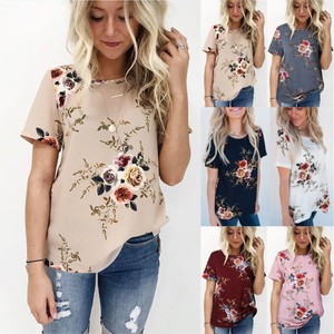 Summer-Womens-Casual-Tops-Blouse-Short-Sleeve-Crew-Neck-Floral-T-Shirt-Ladies