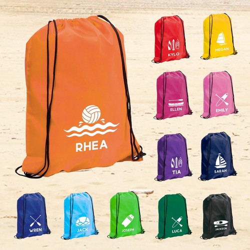 Personalised Water Sport Drawstring Bag Children's Hobby Bag Surfing Swimming - Picture 1 of 26