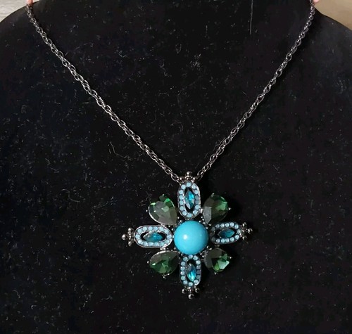 Lia Sophia Blue & Green Rhinestone Black Tone Flower Pendant Necklace Brooch