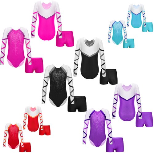 Kids Girls Outfit Long Sleeve Set Bodysuit Suit Rhinestones Activewear Leotard - Picture 3 of 40