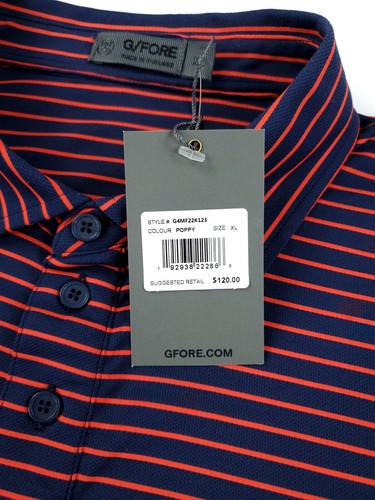 Polo de golf G/FORE para hombre XL a rayas Perf manga corta azul/rojo nuevo con etiquetas - Imagen 12 de 13