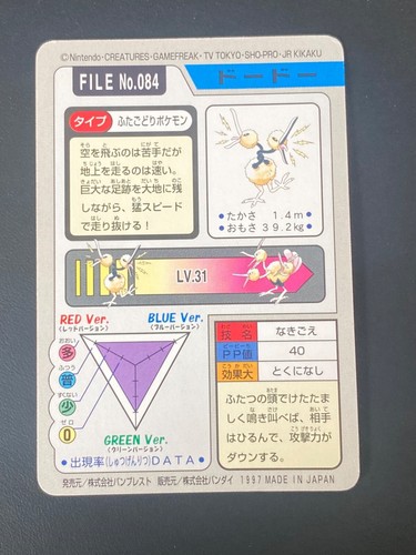 JAPANESE POKEMON DODUO No.084 CARDDASS 1997 POCKET MONSTERS - EXC - Imagen 6 de 6