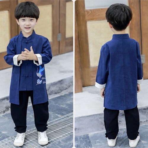 Kids Boys Outfit Ethnic Set Top Pants Crane Embroidered Frog Button Hanfu Retro - Picture 8 of 13