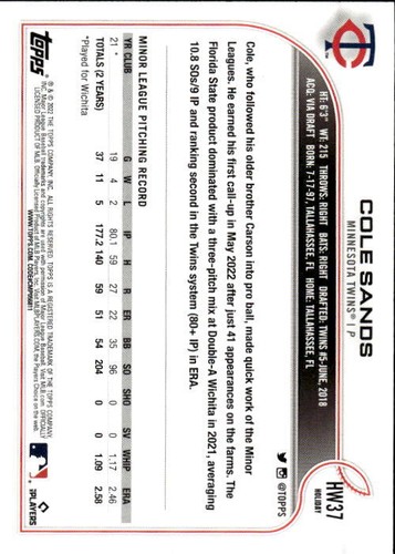 2022 Topps Holiday Cole Sands #HW37 Metallic Minnesota Twins 14B - Picture 2 of 2