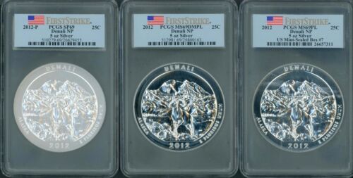 3 COINS: 2012 & 2012-P DENALI ATB 5 Oz SILVER PCGS SP69 & MS69-PL & MS69-DMPL FS