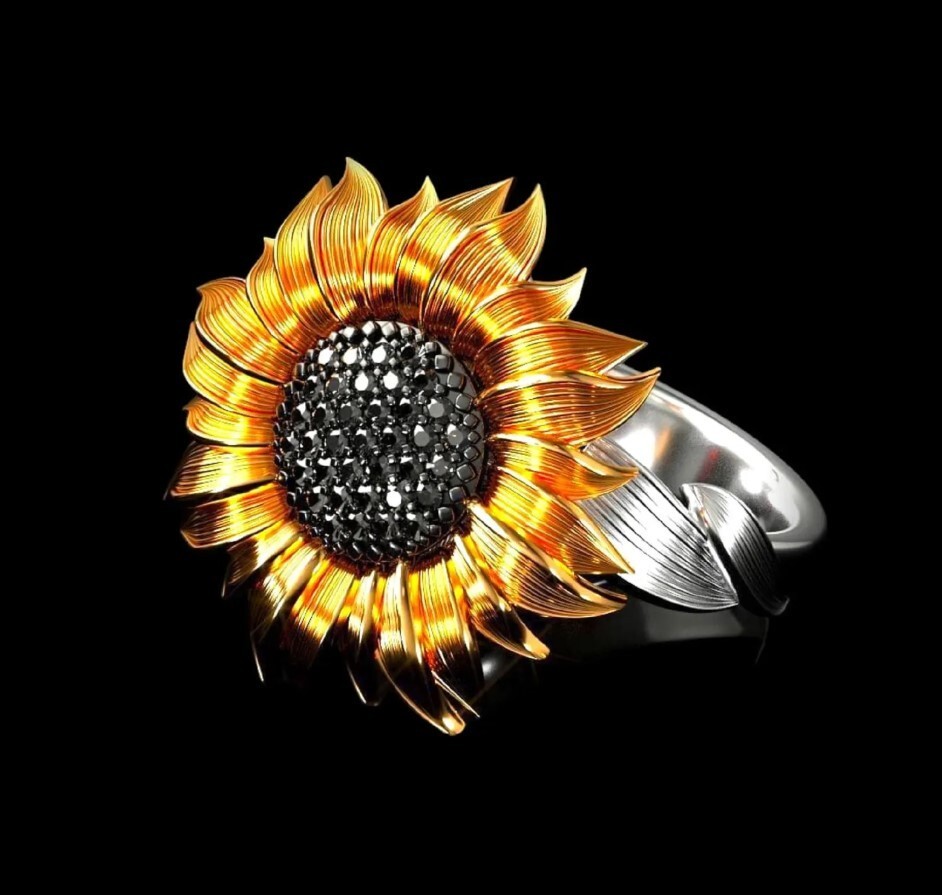 Elegant Sunflower Engagement Ring - Minimalistic Boho Floral Gold Ring
