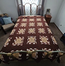  Afghan Crocheted Heavy Hand Crafted Browns Blanket 80"×83" Granny Cottage Core