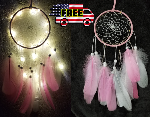 Pink Dream Catcher Wall Hanging Handmade LED Light Home Feather Decor Car Gift - Picture 4 of 6