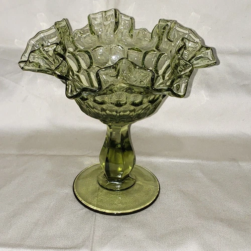 Vtg Fenton Collectible  Colonial Green Glass Ruffled Edge Candy Dish/Vase  6"H