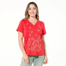 DG2 Diane Gilman Everyday Jersey Knit Embroidered Tee Size 1X Short Sleeve Red