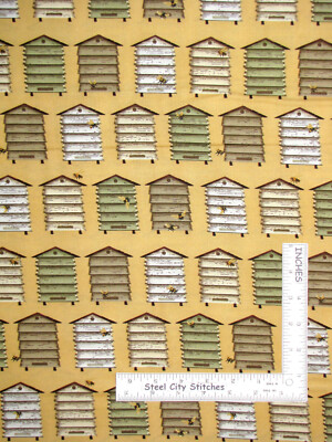 Bee A Keeper Honey Bee Hive Boxes on Gold Cotton Fabric Studio E By The Yard
