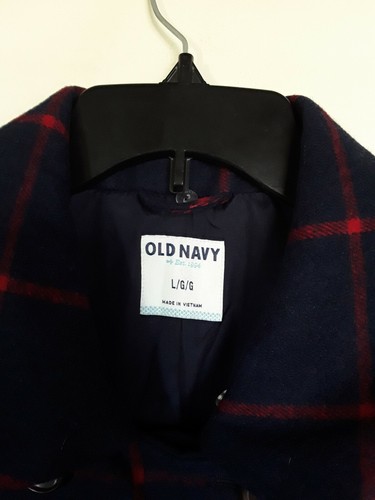 Giacca da donna vecchia blu navy a L blu rosso a quadretti cappotto di pea doppio seno misto lana NUOVA - Foto 2 di 4