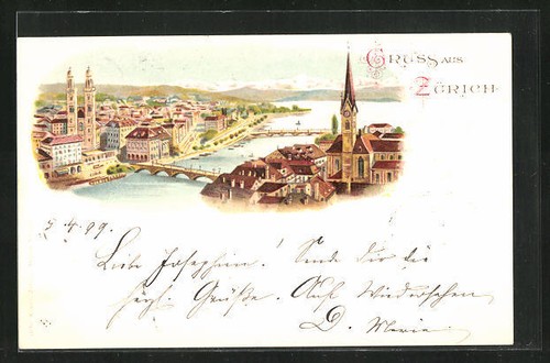 Lithographie Zürich, Ortsansicht mit Blick auf den Zürichsee 1899 - Bild 1 von 2