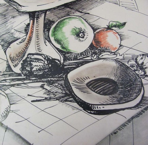VINTAGE ORIGINAL GRAPHIC PAINTING INDIA INK STILL LIFE ON CARDBOARD  - Picture 3 of 10