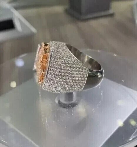 14k White & Rose Gold Plated 3Ct Round Cut Real Moissanite Customize Men's Ring - Picture 6 of 8